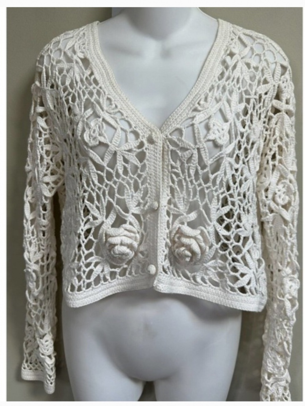 Vtg 90s Contempo White Cropped Crochet Cardigan Sweater Coquette Cottagecore - Picture 7 of 7